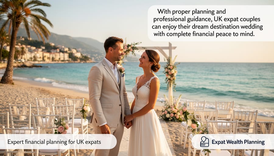 Bride and groom walking on beach at sunset during destination wedding celebration