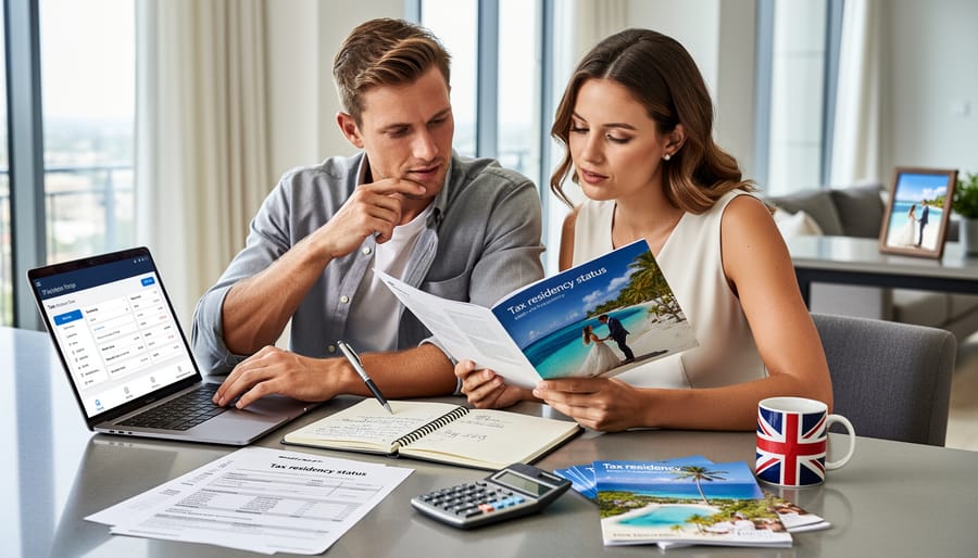 Couple reviewing financial documents together at home office desk