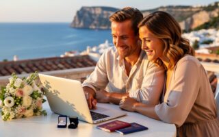 UK expat couple seated at a sunlit terrace table, discussing plans beside a laptop, bouquet, ring box, and closed passports, with a blurred Mediterranean coastline and terracotta rooftops in the distance