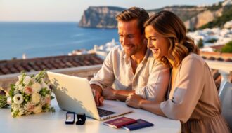 UK expat couple seated at a sunlit terrace table, discussing plans beside a laptop, bouquet, ring box, and closed passports, with a blurred Mediterranean coastline and terracotta rooftops in the distance