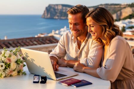 UK expat couple seated at a sunlit terrace table, discussing plans beside a laptop, bouquet, ring box, and closed passports, with a blurred Mediterranean coastline and terracotta rooftops in the distance