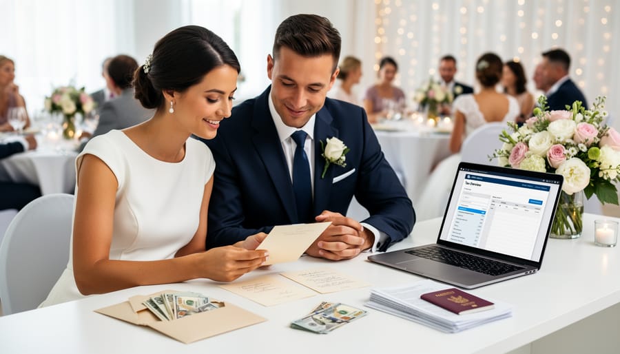 Elegant wedding gift envelopes and cards with decorative elements on marble surface