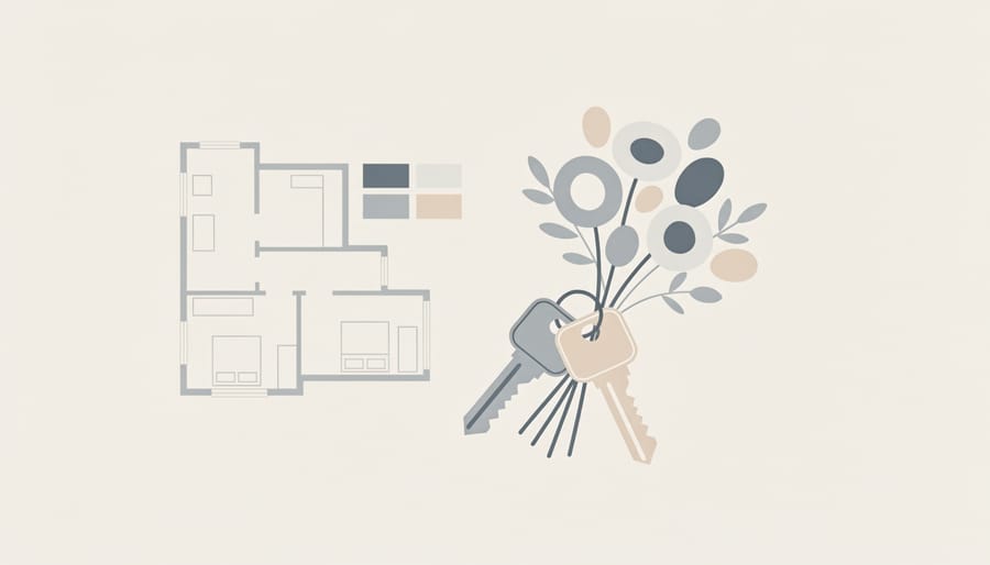 Couple holding keys and bouquet in an empty living room while a pest treatment technician prepares equipment in the background