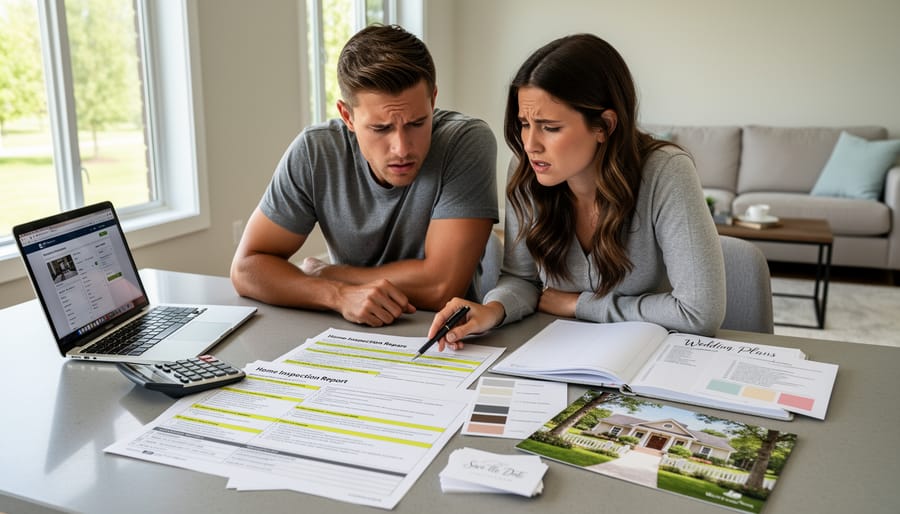 Engaged couple reviewing home inspection paperwork at a table with worried expressions and wedding planning documents in the background
