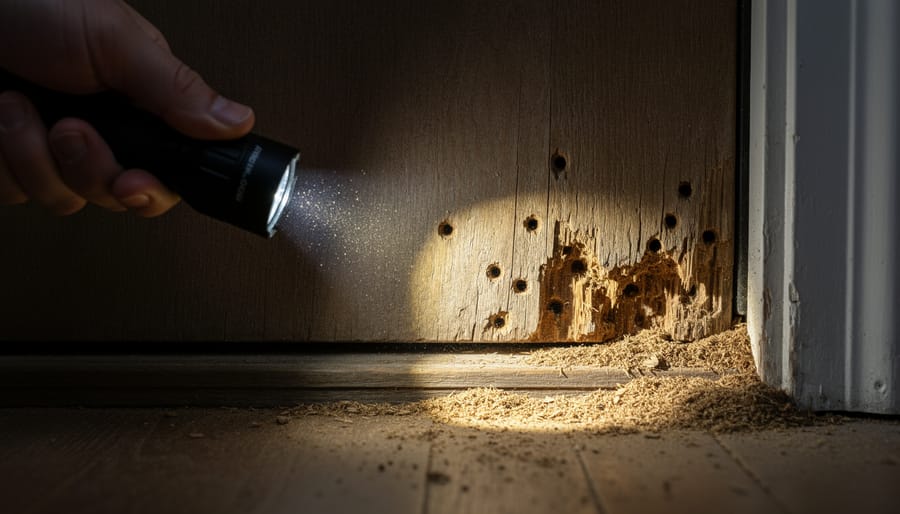 Flashlight close-up of wood damage with insect exit holes and frass on a doorframe corner