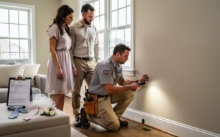 A pest control professional uses a flashlight to inspect a home while a couple in wedding attire looks on during an inspection.