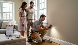 A pest control professional uses a flashlight to inspect a home while a couple in wedding attire looks on during an inspection.
