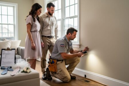 A pest control professional uses a flashlight to inspect a home while a couple in wedding attire looks on during an inspection.
