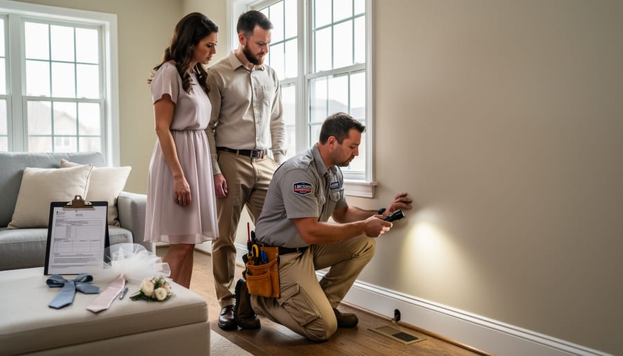 A pest control professional uses a flashlight to inspect a home while a couple in wedding attire looks on during an inspection.
