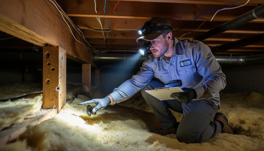 Home inspector examining basement beams and stairs with a flashlight